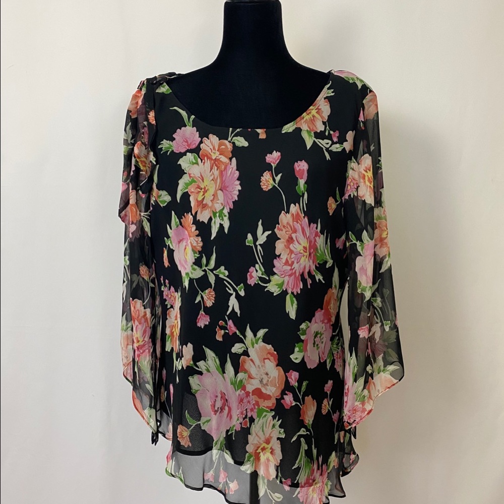 Black Floral Sheer Silk Blouse with Pink Accents
